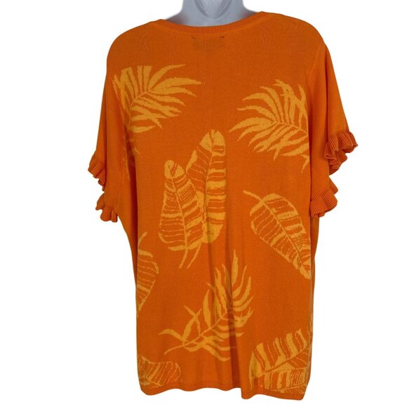 Susan Graver Orange Tropical Print Knit Top With V-Neck & Ruffle Sleeves Size 1X - Picture 4 of 8